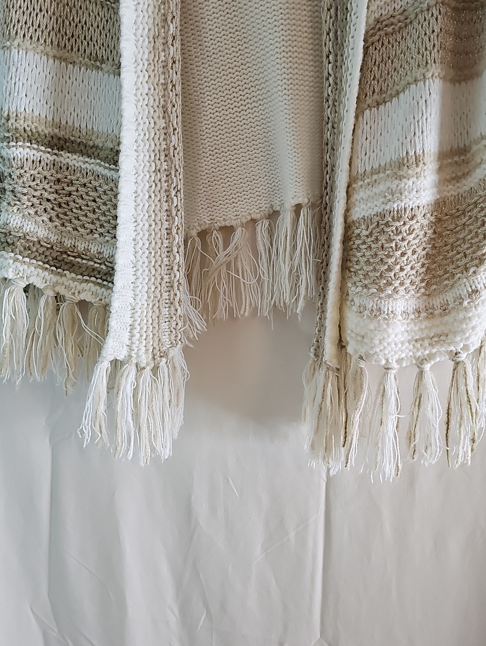 Ruby Rd. Cream and Tan Striped Open-Front Fringe Cardigan - Picture 3 of 6